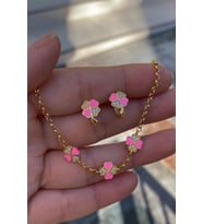 Gümüş pembe çocuk yonca küpe bileklik takım (Sarı)