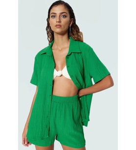 Şık Dokuma Gömlek Şort Takım Fitted Kalıp Rahat Yazlık Plaj Modern Stil Özel Tasarım (Yeşil)