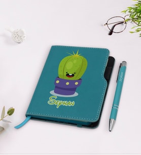 BK Gift Kişiye Özel Kaktüs Tasarımlı Turkuaz Termo Deri Defter Kalem Seti-10