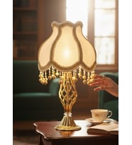 Ekru Kadife Kaplı Gold İşlemeli Şık Başlık Burgulu Gold Metal Ayaklı Klasik Model Abajur 55x25cm