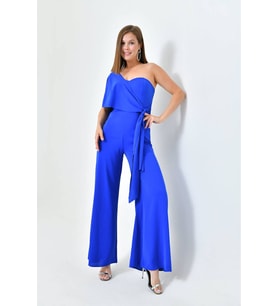 kadın saks mavisi kuşaklı straplez abiye tulum NBS9355