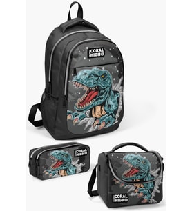 Coral High Kids Koyu Gri Siyah Dinazor Desenli 3’lü Okul Çanta Seti SET0114386
