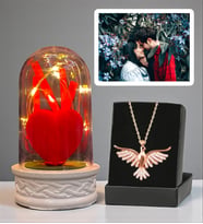 Kişiye Özel Fotoğraflı Premium Set - Led Işıklı Biblolu Fanus ve Zümrüdü Anka Kuşu Kolyesi (Model 6)