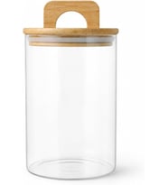 900 ml Bambu Kapaklı Yuvarlak Cam Kavanoz, 10 cm Çap × 15 cm Yükseklik, Contalı Kulplu Şeffaf Erzak ve Kuru Gıda Saklama Kabı, Kahve Çay Şeker Bakliyat İçin