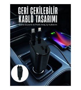 Mey İthalat® Dijital Voltaj Göstergeli Araç Şarj Cihazı Geri Çekilebilir Kablolu 4 Portlu Hızlı Şarj