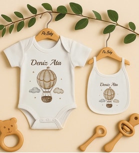 Pia Baby Premium %100 Pamuk İsme Özel Organik Baskılı Çıtçıtlı Bebek Body Ve Önlük 5037-20 (Ekru)