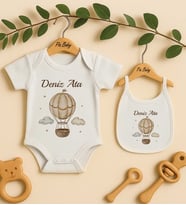 Pia Baby Premium %100 Pamuk İsme Özel Organik Baskılı Çıtçıtlı Bebek Body Ve Önlük 5037-20 (Ekru)