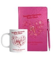 Sevgililer Gününe Özel Pembe Defter Kalem & Kupa Hediye Seti 12