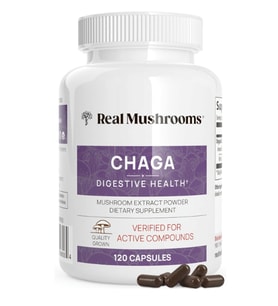 Real Mushrooms Chaga Mushroom – Organic Chaga Extract with Extract for Wellness Energy Support Vegan, Non-GMO, 120 Capsules.
