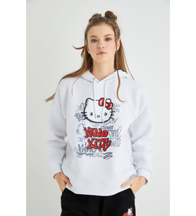 Lisanslı Baskılı Kapüşonlu Kalın  Sweatshirt (Beyaz)