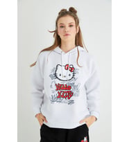 Lisanslı Baskılı Kapüşonlu Kalın  Sweatshirt (Beyaz)
