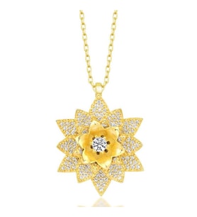 Hk Gümüş Kadın Kolye Gold Beyaz Taşlı Lotus Çiçeği Gümüş Takı Hediyelik Ürünler