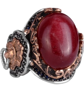 Doğal Cabochon Yakut Taşlı Yüzük, El Yapımı Aslan Başlı Erkek Yüzüğü - 925 Ayar Katı Gümüş Yüzük