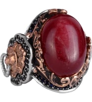 Doğal Cabochon Yakut Taşlı Yüzük, El Yapımı Aslan Başlı Erkek Yüzüğü - 925 Ayar Katı Gümüş Yüzük