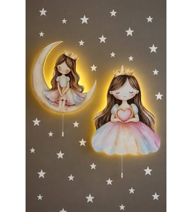 Prensesler Ahşap Duvar Lamba Seti Pilli LED Gece Lambası Bebek Çocuk Odası-Yıldız Sticker Hediyeli