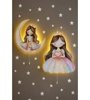 Prensesler Ahşap Duvar Lamba Seti Pilli LED Gece Lambası Bebek Çocuk Odası-Yıldız Sticker Hediyeli