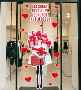 Hediye ve Kalp Tasarımlı Romantik 14 Şubat Sticker - Sevgililer Günü Cam Kapı Vitrin Mağaza Süsleme