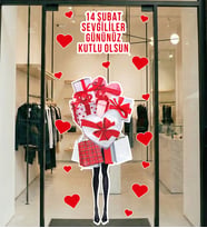Hediye ve Kalp Tasarımlı Romantik 14 Şubat Sticker - Sevgililer Günü Cam Kapı Vitrin Mağaza Süsleme
