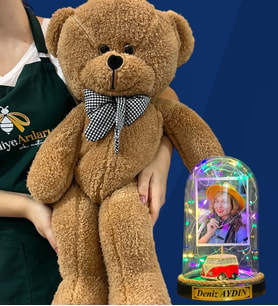 Kişiye Özel Renkli Led Işıklı Fanus ve Büyük Boy Kahverengi Peluş Ayıcık (Model 10)