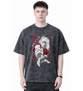 Tasarım Jiraiya Naruto Anime Baskılı Unisex Oversize Eskitme Yıkamalı Tişört