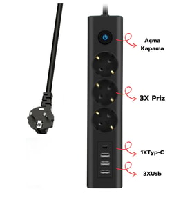 Fulltech Ftr-13 Akım Korumalı Priz 3'lü Priz 3x USB Girişi 1x TYPE-C Girişi 2mt Kablo Grup Priz
