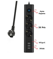 Fulltech Ftr-13 Akım Korumalı Priz 3'lü Priz 3x USB Girişi 1x TYPE-C Girişi 2mt Kablo Grup Priz