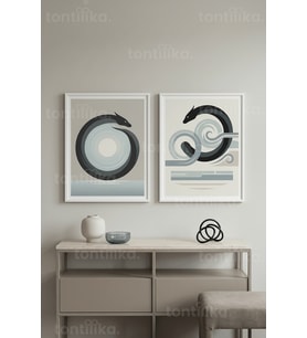 Minimalist Ouroboros ve Dalga Temalı Soyut 2’li Ahşap Çerçeveli Tablo Seti