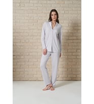 Kadın Önden Düğmeli  Yaka Dantel İşlemeli Uzun Kollu Pijama Takımı (Renksiz)