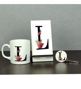 L Harfi Üçlü Set (Kupa + Telefon Standı + Anahtarlık)