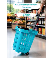 5 Adet - 43 LT Tekerlekli Market Sepeti Plastik Alışveriş Sepeti Ergonomik Çift Saplı Turkuaz