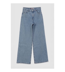 Kadın Açık Mavi Modest Wide Leg Taşlı Jean Pantolon