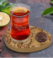 BK Gift Kişiye Özel Retro Motif Tasarımlı Doğal Ahşap Tabaklı Heybeli Çay Bardağı Sunum Seti Model 3