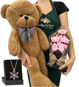3'lü Peluş Ayıcık Buketi, Gerçek Ametist Taşlı Lotus Kolye ve Kahverengi Ayıcık (Model 1)
