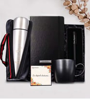 Kişiye Özel 500 ML Deri Çantalı Termos & Siyah Kupa & Siyah Defter & Siyah Roller Kalem Hediye Seti (Gümüş)