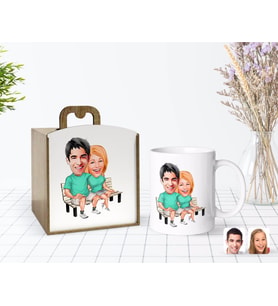 BK Gift Kişiye Özel Ahşap Kutuda Sevgililer Karikatürlü Beyaz Kupa Bardak-55