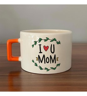 I Love You Mom Baskılı Turuncu Kulplu C Fincan