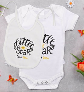 BK Kids Kişiye Özel Little Star Tasarımlı Bebek Body Zıbın ve Mama Önlüğü Hediye Seti - Model 1