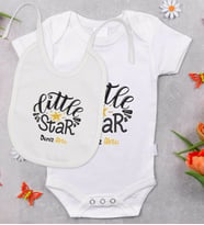BK Kids Kişiye Özel Little Star Tasarımlı Bebek Body Zıbın ve Mama Önlüğü Hediye Seti - Model 1