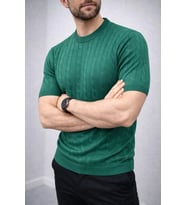 Erkek Yazlık Triko Dokuma Tişört Kısa Kol Bisiklet Yaka Örgü Desenli T-Shirt - Haki