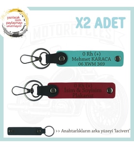 Motorcuya Tarz Hediye, İsim Plaka ve 0 Rh (+) Kan Grubu, 2'li Anahtarlık Set, Kırmızı-K Turkuaz-Laci (Çok Renkli)