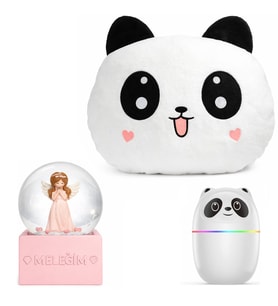 Panda Temalı Hediye Seti – Peluş Panda Yastık + Buhar Makinesi Nemlendirici + Melek Figürlü Kar Küresi  Dekoratif Hediye Seti