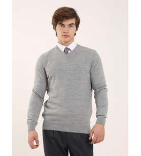 Gri Melanj Erkek Slim Fit Düz Klasik V Yaka Triko