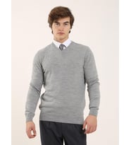 Gri Melanj Erkek Slim Fit Düz Klasik V Yaka Triko