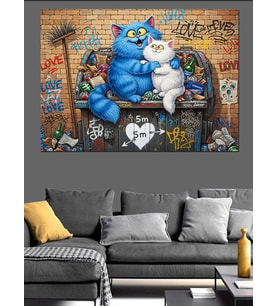 Graffiti Duvarında Kedi Aşıklar Dekoratif Kanvas - Mdf Ahşap Tablo