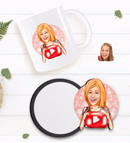 BK Gift Kişiye Özel Kadın Youtuber Karikatürlü Beyaz Kupa ve Ahşap Bardak Altlığı Hediye Seti-1