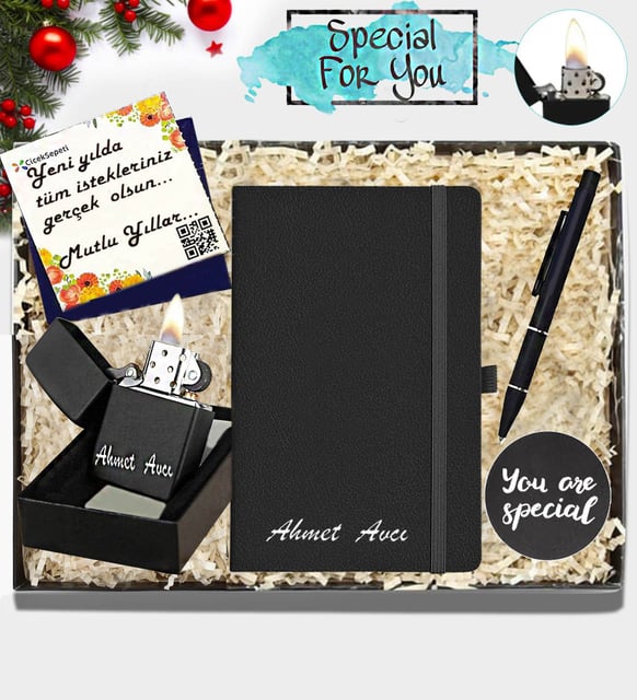Kişiye Özel Defter & Kişiye Özel Metal Çakmak & Metal Kalem Kutlu Hediye Seti