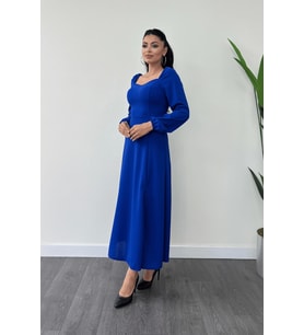 Krep Kumaş Kalp Yaka Midi Elbise - SAKS MAVİ (SAKS MAVI)