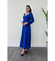 Krep Kumaş Kalp Yaka Midi Elbise - SAKS MAVİ (SAKS MAVI)