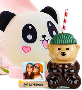 Kişiye Özel Sevimli PANDA Polar Yastık & Bearista Şapkalı Ayıcık Pipetli Bardak
