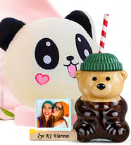 Kişiye Özel Sevimli PANDA Polar Yastık & Bearista Şapkalı Ayıcık Pipetli Bardak